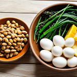 A professional food photograph showcasing a vibrant, artfully arranged display of local Malaysian "mood-boosting" ingredients. The composition features fresh eggs, golden crispy tempeh, dried anchovies (ikan bilis), lush green leafy vegetables (such as kangkung and bayam), ripe bananas, juicy pineapple slices, and a small bowl of roasted peanuts. These ingredients are neatly laid out on a clean, light wooden kitchen counter, bathed in soft, natural daylight. The image should convey freshness, natural abundance, and an inviting atmosphere. safe for work, appropriate content, fully clothed (N/A for food), professional, perfect anatomy (N/A for food), correct proportions, well-formed items, natural colors, high quality, family-friendly.