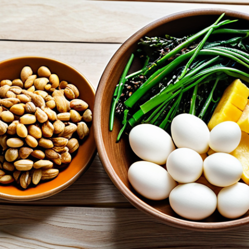 Home 4 A professional food photograph showcasing a vibrant, artfully arranged display of local Malaysian "mood-boosting" ingredients. The composition features fresh eggs, golden crispy tempeh, dried anchovies (ikan bilis), lush green leafy vegetables (such as kangkung and bayam), ripe bananas, juicy pineapple slices, and a small bowl of roasted peanuts. These ingredients are neatly laid out on a clean, light wooden kitchen counter, bathed in soft, natural daylight. The image should convey freshness, natural abundance, and an inviting atmosphere. safe for work, appropriate content, fully clothed (N/A for food), professional, perfect anatomy (N/A for food), correct proportions, well-formed items, natural colors, high quality, family-friendly.