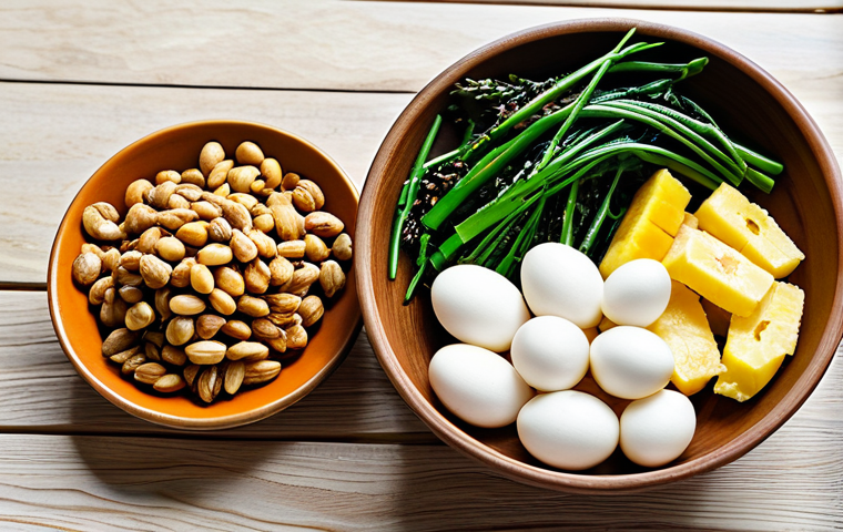A professional food photograph showcasing a vibrant, artfully arranged display of local Malaysian "mood-boosting" ingredients. The composition features fresh eggs, golden crispy tempeh, dried anchovies (ikan bilis), lush green leafy vegetables (such as kangkung and bayam), ripe bananas, juicy pineapple slices, and a small bowl of roasted peanuts. These ingredients are neatly laid out on a clean, light wooden kitchen counter, bathed in soft, natural daylight. The image should convey freshness, natural abundance, and an inviting atmosphere. safe for work, appropriate content, fully clothed (N/A for food), professional, perfect anatomy (N/A for food), correct proportions, well-formed items, natural colors, high quality, family-friendly.